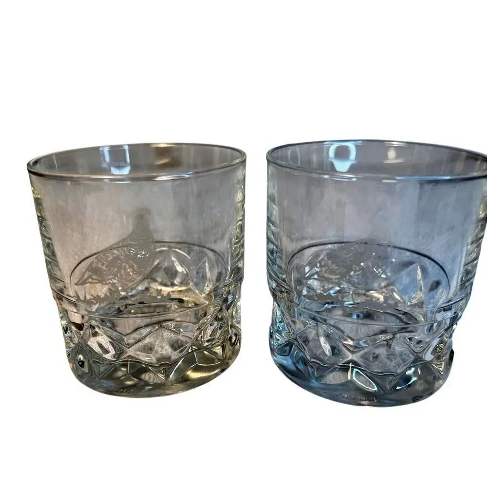Set of 2 Vintage The Famous Grouse Scotch Whisky Low Ball Glasses Etched France